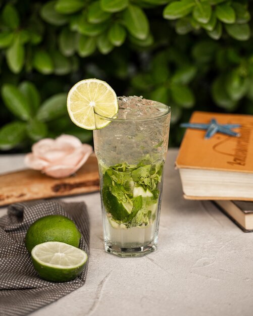 Lime mojito with mint leaves and ice cubes in a glass.