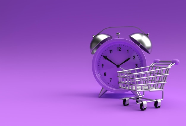 Free photo limited time shopping cart with retro alarm clock isolated on a yellow 3d render background