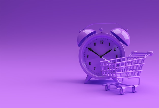 Free photo limited time shopping cart with retro alarm clock isolated on a yellow 3d render background