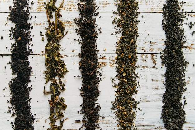 Lines made with dry tea herbs on white desk