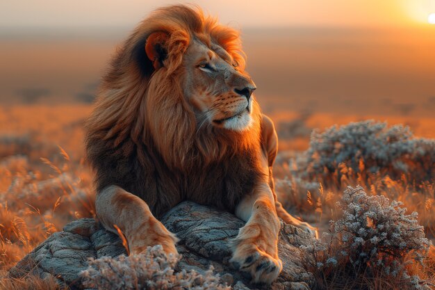 Lion in dry forest landscape