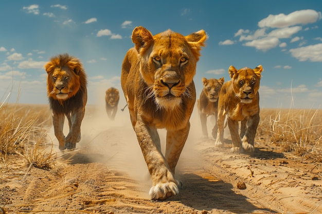 Free Photo lion in dry forest landscape