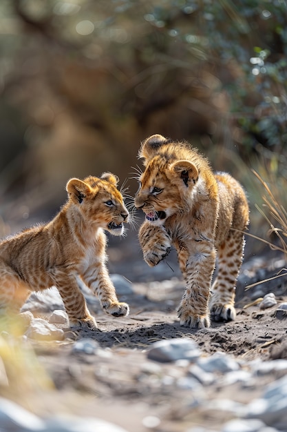 Lion in dry forest landscape