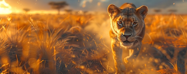 Lion in dry forest landscape