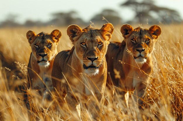 Lion in dry forest landscape