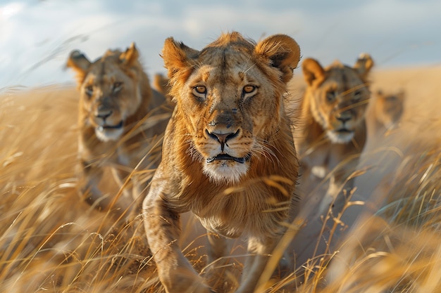 Lion in dry forest landscape