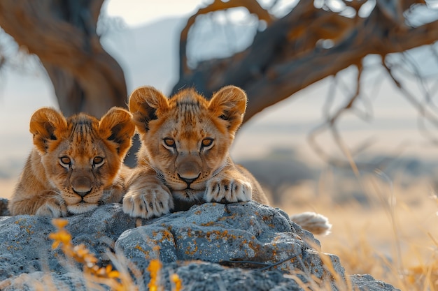 Lion in dry forest landscape