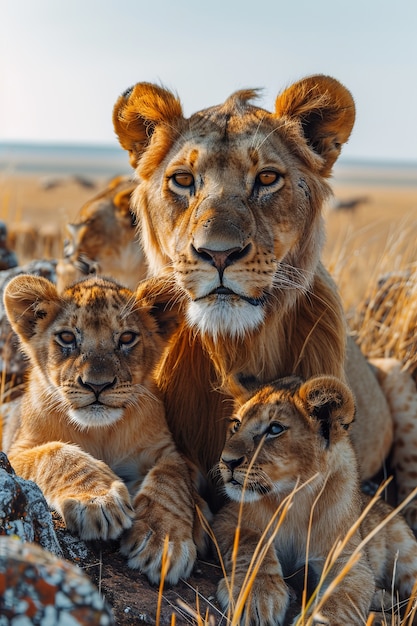 Free photo lion in dry forest landscape