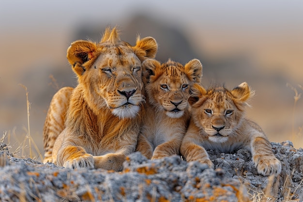 Lion in dry forest landscape