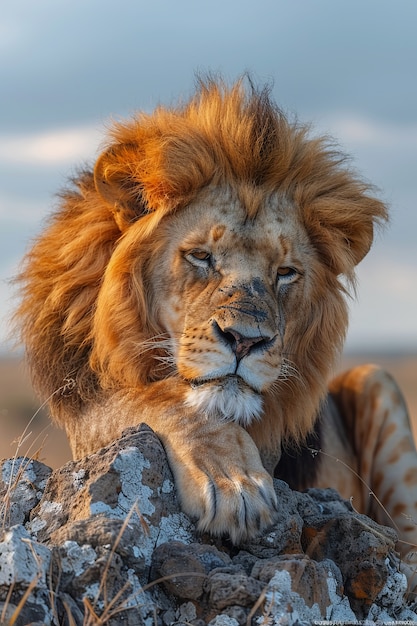 Lion in dry forest landscape