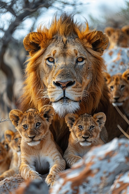 Lion pride in dry forest