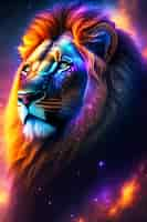 Free photo a lion with a rainbow mane and blue eyes