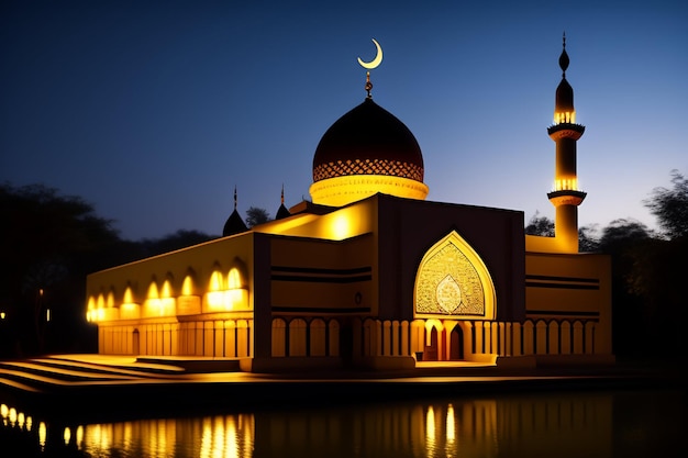 A lit up mosque with a crescent moon on the top.