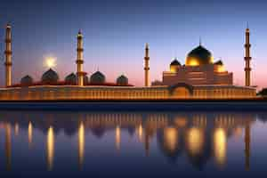 Free photo a lit up mosque with the lights on and the moon is lit up.