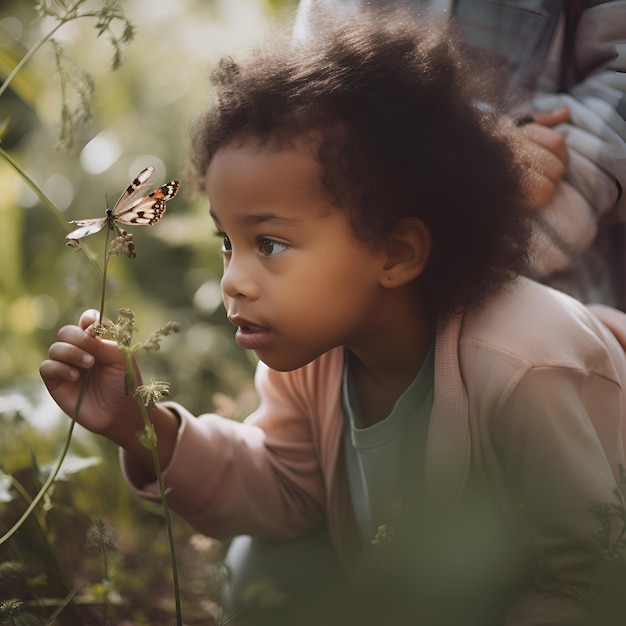 Free photo little african american girl sitting on grass and looking at butterfly