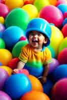 Free photo a little boy in a colorful shirt is surrounded by colorful balls.