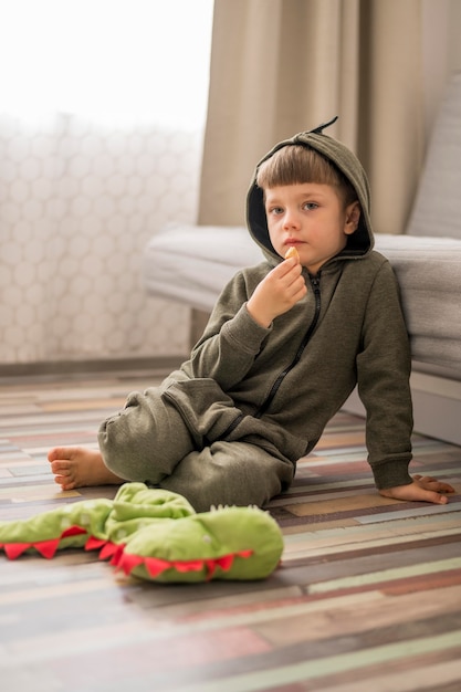 Little boy in dinosaur costume