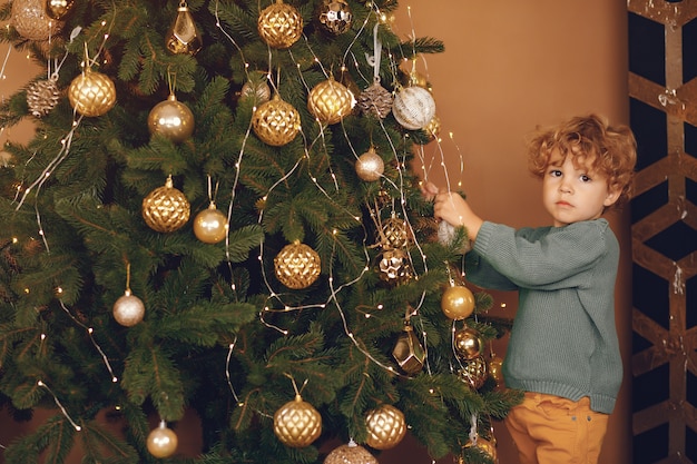 Free photo little boy near christmas tree in a gray sweater