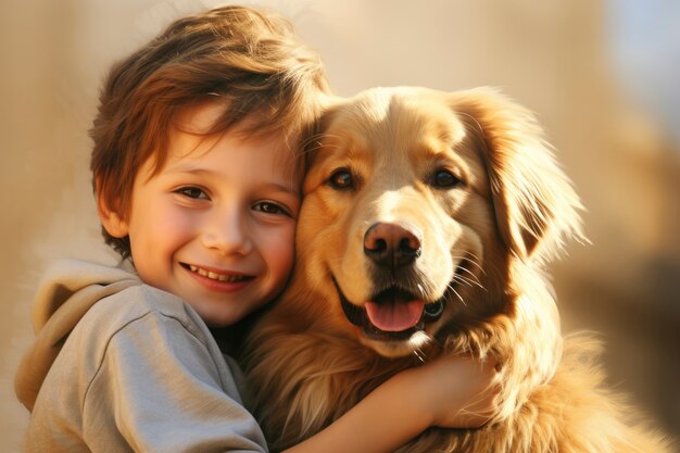 Little boy showing affection to his pet dog