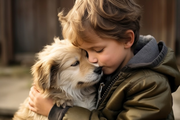 Little boy showing affection to his pet dog