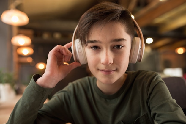 Little boy studying by group video call, use video conference with teacher, listening to online course.