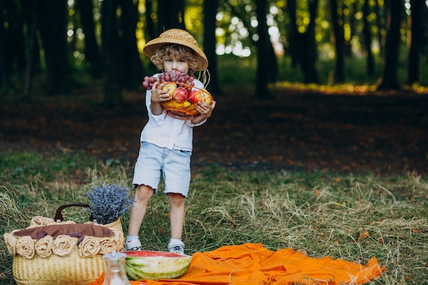 Little boy with grapes in forest on a picnic