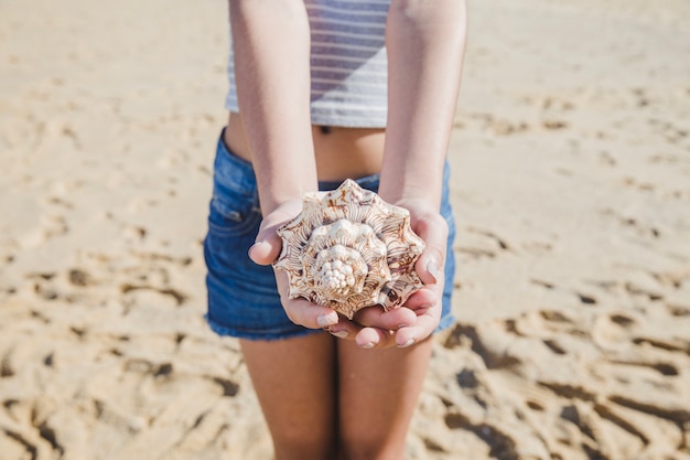 Free photo little girl offering a seashell