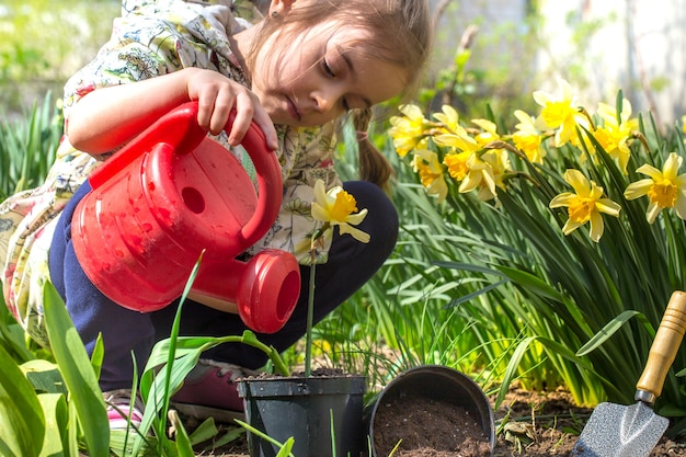 little girl planting flowers in the garden