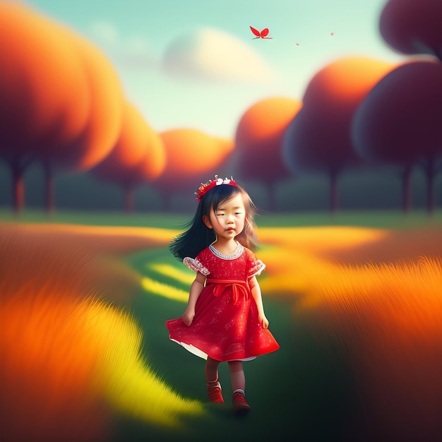 A little girl in a red dress walks down a path with a butterfly on the top.