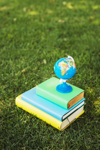 Free Photo little globe composed on pile of books