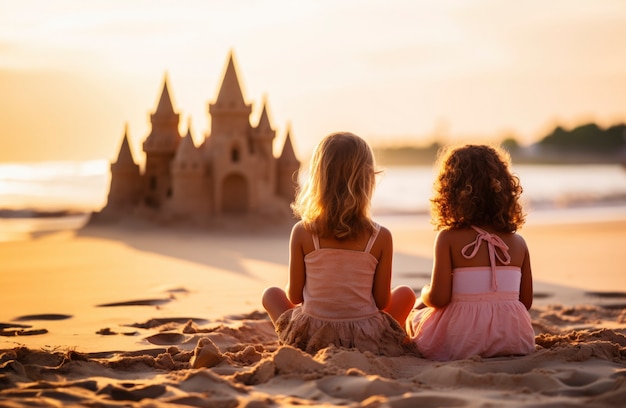 Little sisters playing on the beach together