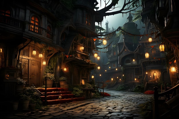 Free Photo lively street of fairy tale urban fantasy wallpaper