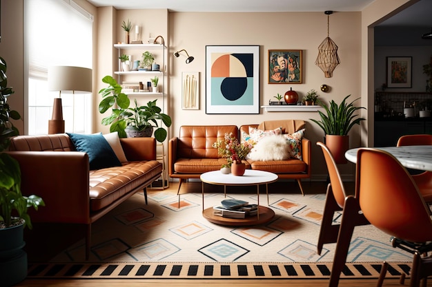 Free photo living room mid century style with warm colors ai generative