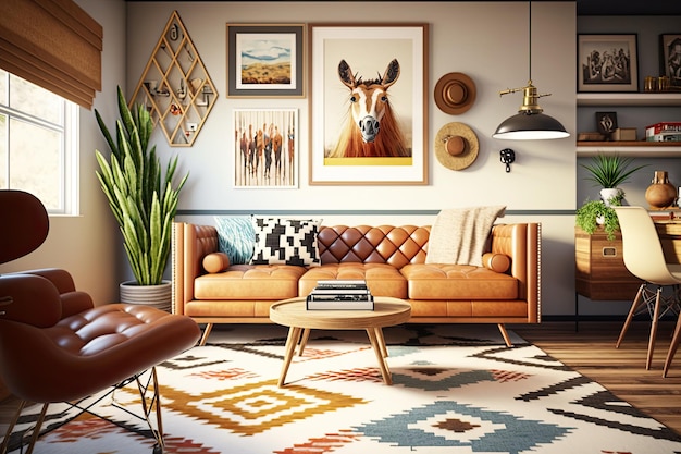 Living room Mid Century style with warm colors Ai generative