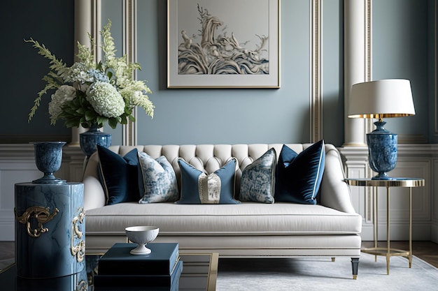 A living room with a blue and white couch and a blue and white painting.