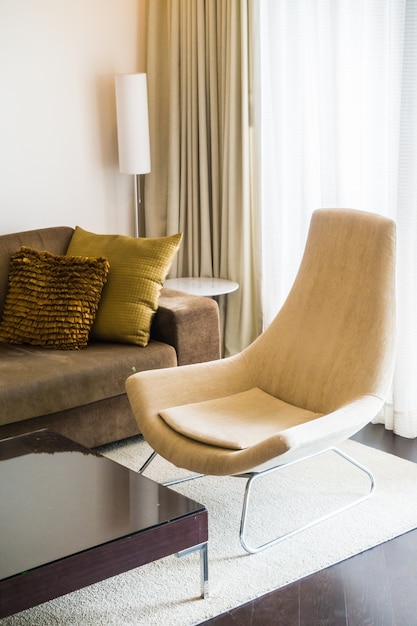 Living room with brown curtains