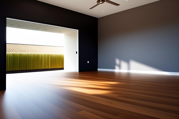 A living room with a dark grey wall and a yellow chair.