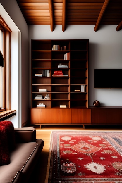 Free Photo a living room with a red rug and a large wooden cabinet with a red rug.