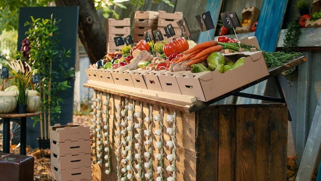 Free Photo locally grown farming products at empty farmers market stand