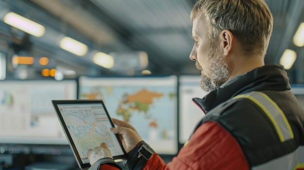 Free photo logistics manager reviewing a map on a digital tablet in a control room