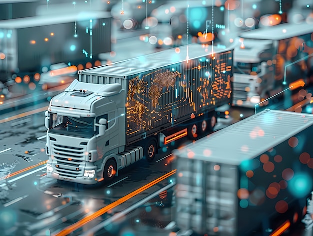 Logistics means of transport together with technological and futuristic holograms