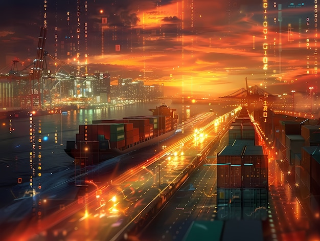 Logistics means of transport together with technological and futuristic holograms