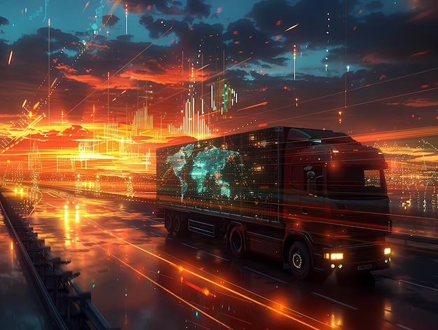 Logistics means of transport together with technological and futuristic holograms