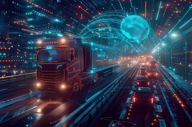 Logistics means of transport together with technological and futuristic holograms