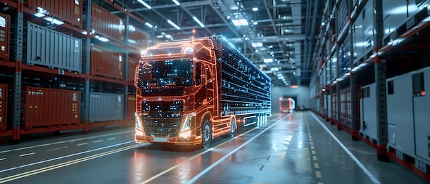 Logistics means of transport together with technological and futuristic holograms