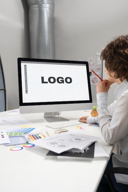 Logo designer working on a computer desktop