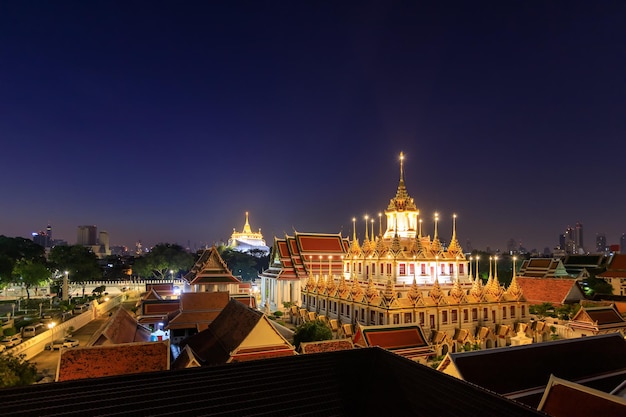 Loha Prasat or Iron Castle Monastery at Wat Ratchanatdaram temple on Ratchadamnoen Avenue during morning Bangkok Thailand