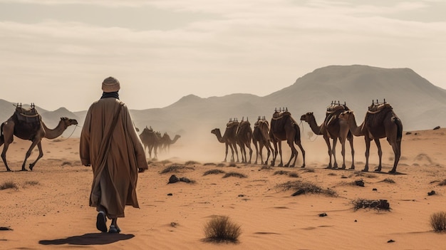 Free photo a lone camel caravan traversing a desolate desert landscape