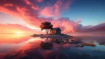 Free photo lone house stands on tiny island bathed in sunset hues