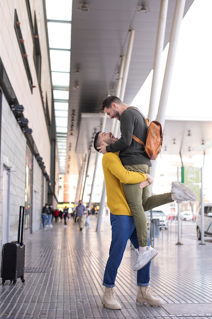 Long distance relationship couple meeting after long time